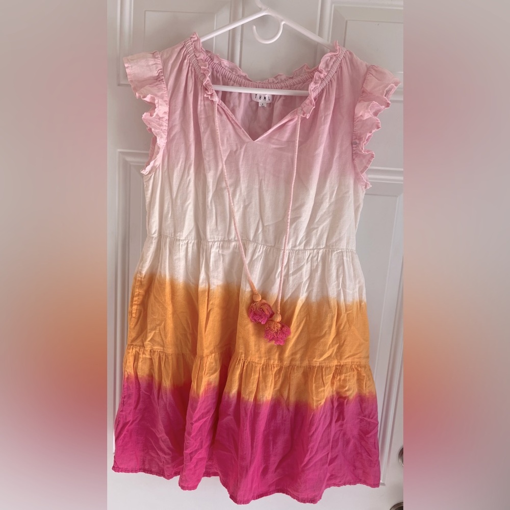 THML Abaco Pink White Yellow Dip Dye Gauzy Cotton Tiered Dress S Indie Tassel